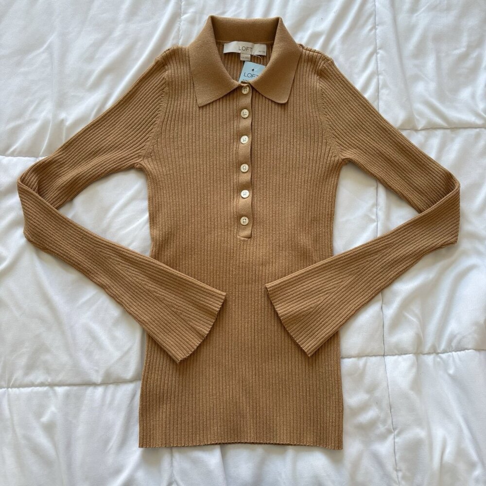 NWT LOFT Womens Size Xs Brown 1/2 Button Up Collared Sweater Long Sleeve‎ Office